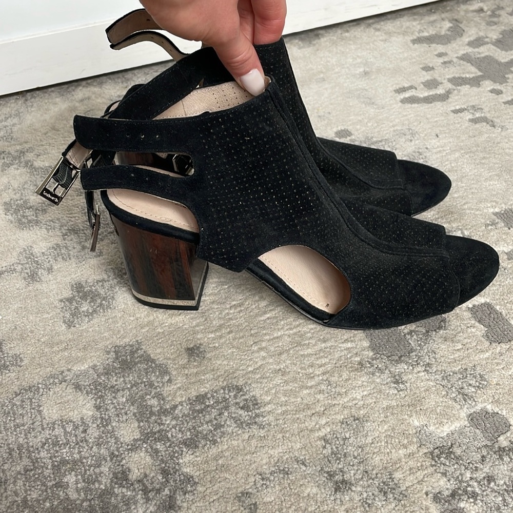 Black open toe velvet heel, buckle closure (Size 9)